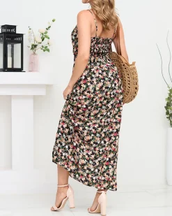Sukienki Letnie|Sukienki Długie^Royalfashion Kwiecista damska sukienka maxi na ramiączkach w kolorze m czarny