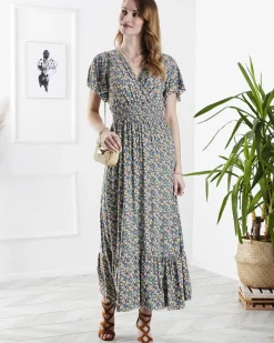 Sukienki Letnie|Sukienki Długie^Royalfashion Kwiecista damska sukienka midi w kolorze zielonym Ecru
