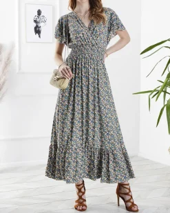 Sukienki Letnie|Sukienki Długie^Royalfashion Kwiecista damska sukienka midi w kolorze zielonym Ecru
