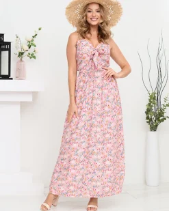 Sukienki Letnie|Sukienki Długie^Royalfashion Kwiecista damska sukienka maxi na ramiączkach w kolorze m różowy
