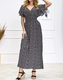 Sukienki Letnie|Sukienki Długie^Royalfashion Kwiecista granatowa damska sukienka Granatowy