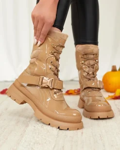 Botki Bez Ocieplenia|Botki Sznurowane^Royalfashion Lakierowane botki damskie w kolorze jasnobrązowym Setogy jasny brązowy