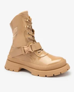 Botki Bez Ocieplenia|Botki Sznurowane^Royalfashion Lakierowane botki damskie w kolorze jasnobrązowym Setogy jasny brązowy