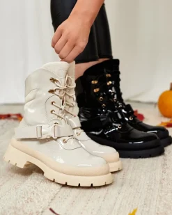 Botki Bez Ocieplenia|Botki Sznurowane^Royalfashion Lakierowane botki damskie w kolorze m Setogy beżowy