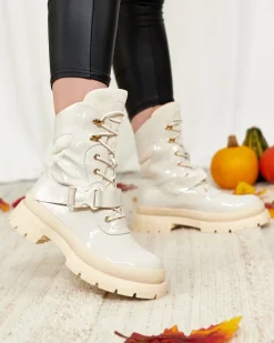 Botki Bez Ocieplenia|Botki Sznurowane^Royalfashion Lakierowane botki damskie w kolorze m Setogy beżowy