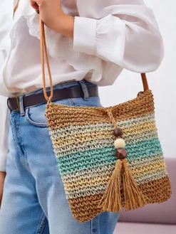 Wiklinowe I Słomiane^Royalfashion Mała słomiana torebka damska Stripe Charm Mini niebieski