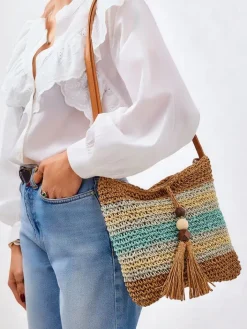 Wiklinowe I Słomiane^Royalfashion Mała słomiana torebka damska Stripe Charm Mini niebieski