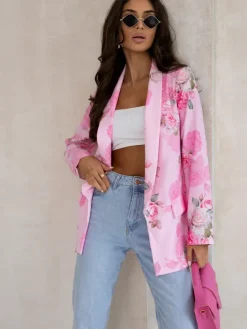 Kurtki / Marynarki / Płaszcze^Royalfashion Marynarka damska bez zapięcia z kwiatami róży różowy