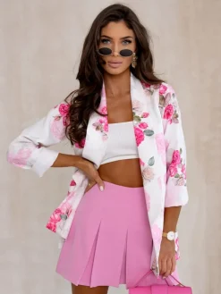 Kurtki / Marynarki / Płaszcze^Royalfashion Marynarka damska bez zapięcia z kwiatami róży krem