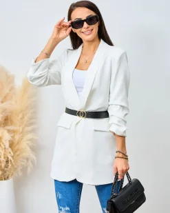 Bluzy|Kurtki / Marynarki / Płaszcze^Royalfashion Marynarka damska z paskiem biały