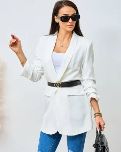 Bluzy|Kurtki / Marynarki / Płaszcze^Royalfashion Marynarka damska z paskiem biały