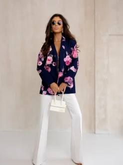 Kurtki / Marynarki / Płaszcze^Royalfashion Marynarka damska bez zapięcia z kwiatami róży Granatowy