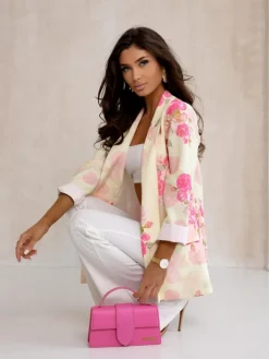 Kurtki / Marynarki / Płaszcze^Royalfashion Marynarka damska bez zapięcia z kwiatami róży żółty