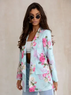 Kurtki / Marynarki / Płaszcze^Royalfashion Marynarka damska bez zapięcia z kwiatami róży Jasnoniebieski