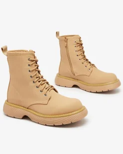 Botki Bez Ocieplenia|Botki Sznurowane^Royalfashion Matowe jasnobrązowe botki damskie Kucillo jasny brązowy