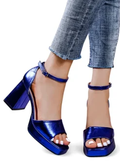 Sandały Na Słupku^Royalfashion Metaliczne damskie sandały Voleles Królewski niebieski