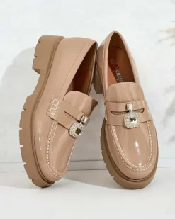 Półbuty|Mokasyny Na Płaskiej Podeszwie^Royalfashion Mokasyny damskie lakierowane Bemies brązowy