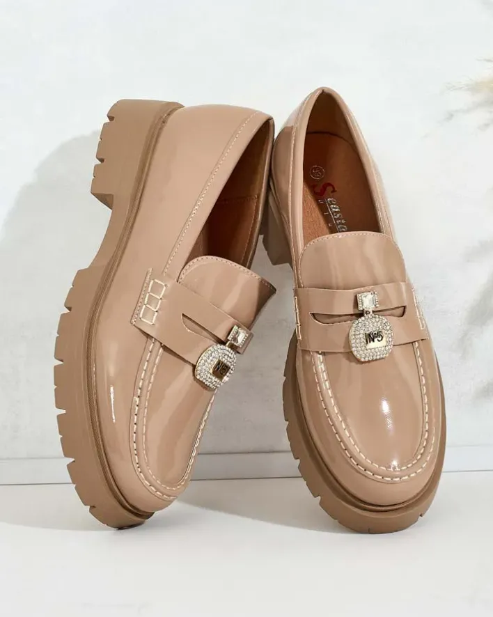 Półbuty|Mokasyny Na Płaskiej Podeszwie^Royalfashion Mokasyny damskie lakierowane Bemies brązowy