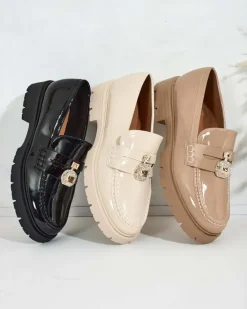 Półbuty|Mokasyny Na Płaskiej Podeszwie^Royalfashion Mokasyny damskie lakierowane Bemies brązowy