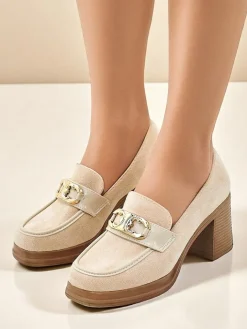 Mokasyny Na Obcasie^Royalfashion Mokasyny damskie na słupku Qeroy beżowy