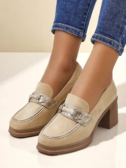 Mokasyny Na Obcasie^Royalfashion Mokasyny damskie na słupku Apareus brązowy