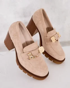 Mokasyny Na Obcasie^Royalfashion Mokasyny damskie na wysokim słupku Nezii beżowy