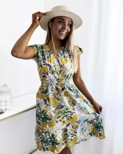 Sukienki Letnie|Sukienki Krótkie^Royalfashion Musztardowa sukienka damska mini z printem w kwiaty Musztarda