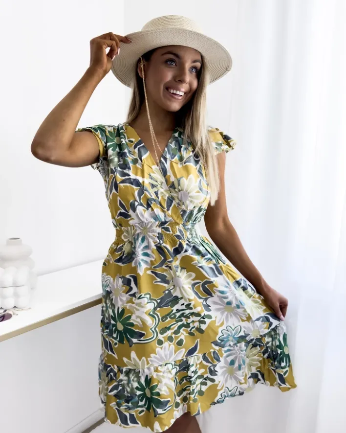 Sukienki Letnie|Sukienki Krótkie^Royalfashion Musztardowa sukienka damska mini z printem w kwiaty Musztarda