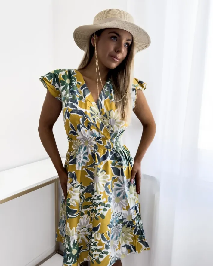 Sukienki Letnie|Sukienki Krótkie^Royalfashion Musztardowa sukienka damska mini z printem w kwiaty Musztarda