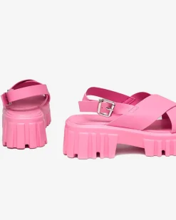 Buty Na Wielkie Wyjście|Sandały Na Słupku^Royalfashion owe różowe damskie sandały na masywnej podeszwie Otida neon