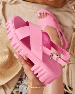 Buty Na Wielkie Wyjście|Sandały Na Słupku^Royalfashion owe różowe damskie sandały na masywnej podeszwie Otida neon