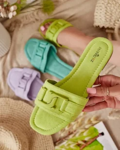 Klapki Płaskie^Royalfashion owe zielone damskie klapki z klamerką Rydr neon