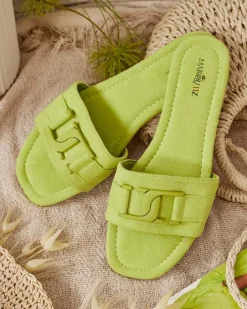 Klapki Płaskie^Royalfashion owe zielone damskie klapki z klamerką Rydr neon