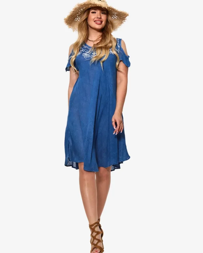 Narzutka Plażowa|Sukienki Letnie^Royalfashion Niebieska damska narzutka plażowa typu sukienka z haftem Ecru