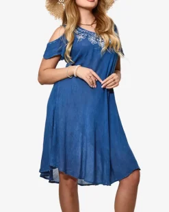 Narzutka Plażowa|Sukienki Letnie^Royalfashion Niebieska damska narzutka plażowa typu sukienka z haftem Ecru