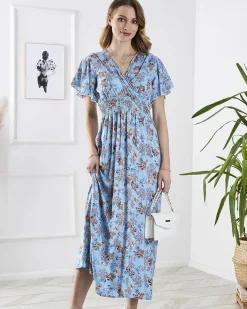 Sukienki Letnie|Sukienki Długie^Royalfashion Niebieska damska długa sukienka w kwiaty Ecru