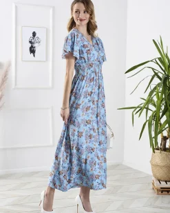 Sukienki Letnie|Sukienki Długie^Royalfashion Niebieska damska długa sukienka w kwiaty Ecru