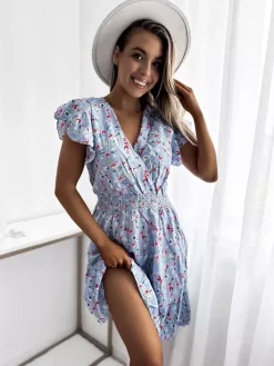 Sukienki Letnie|Sukienki Krótkie^Royalfashion Niebieska sukienka damska mini z kwiecistym motywem Ecru