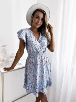 Sukienki Letnie|Sukienki Krótkie^Royalfashion Niebieska sukienka damska mini z kwiecistym motywem Ecru