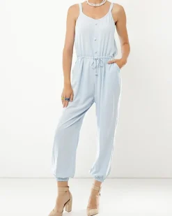 Kombinezony^Royalfashion Niebieski damski bawełniany kombinezon z guzikami Ecru