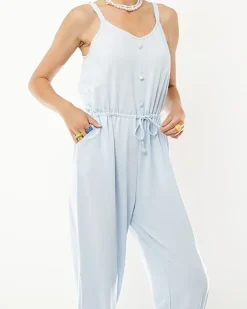 Kombinezony^Royalfashion Niebieski damski bawełniany kombinezon z guzikami Ecru