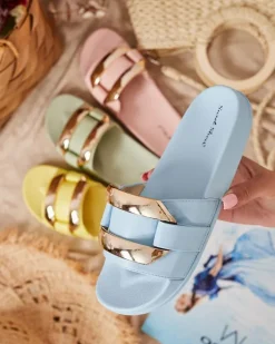 Klapki Płaskie^Royalfashion Niebieskie damskie klapki ze złotą ozdobą Serina Ecru