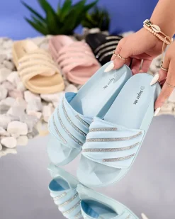 Klapki Basenowe|Klapki Płaskie^Royalfashion Niebieskie damskie klapki z cyrkoniami Mytaris Ecru