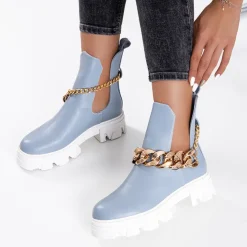 Botki Bez Ocieplenia|Botki Na Płaskim Obcasie^Royalfashion Niebieskie damskie botki z łańcuszkiem Tenkay Ecru