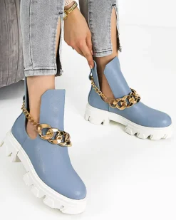 Botki Bez Ocieplenia|Botki Na Płaskim Obcasie^Royalfashion Niebieskie damskie botki z łańcuszkiem Tenkay Ecru