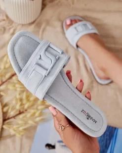 Klapki Płaskie^Royalfashion Niebieskie damskie klapki z klamerką Rydr Ecru