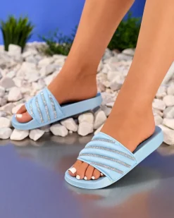 Klapki Płaskie^Royalfashion Niebieskie damskie klapki z cyrkoniami Erikis Ecru