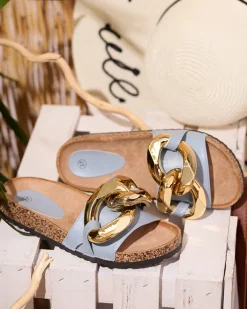 Klapki Płaskie^Royalfashion Niebieskie klapki damskie z ozdobą Sofig Ecru