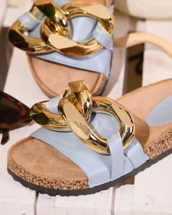 Klapki Płaskie^Royalfashion Niebieskie klapki damskie z ozdobą Sofig Ecru