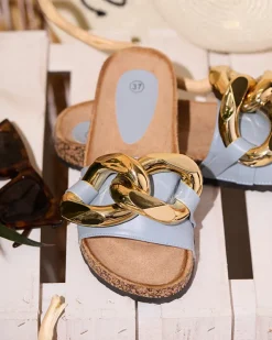 Klapki Płaskie^Royalfashion Niebieskie klapki damskie z ozdobą Sofig Ecru